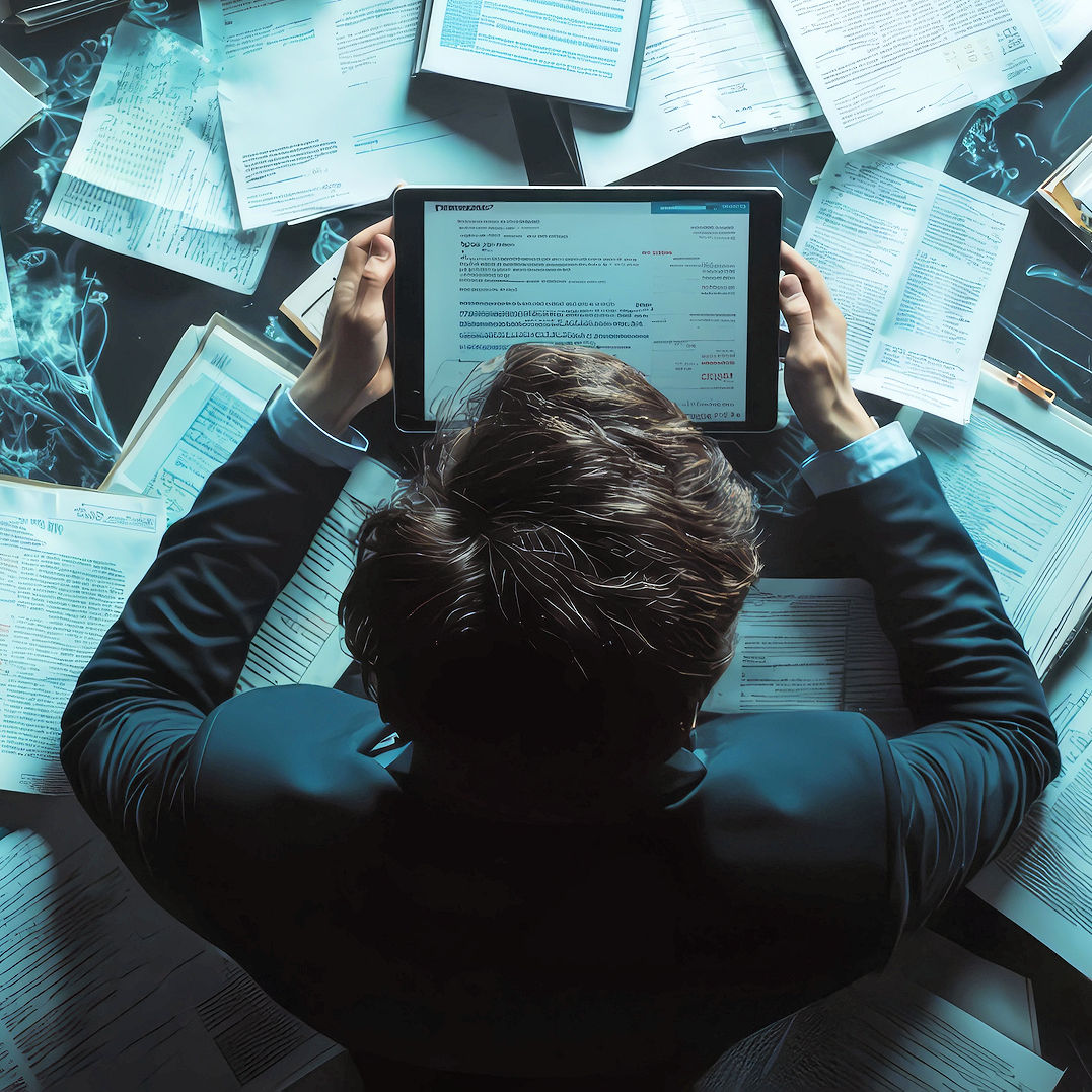Man looking at tablet surrounded by papers